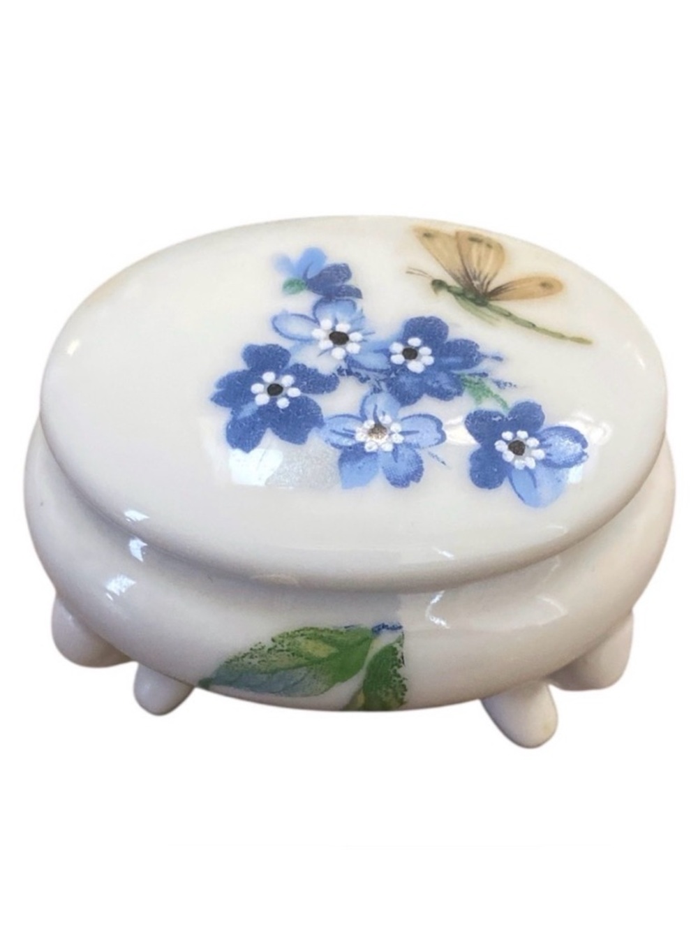 Vintage Porcelain Trinket Box Dragonfly Forget Me Not Flowers Hand Painted